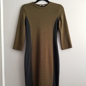 ZARA Olive Green/Black 3/4 Sleeve Bodycon Womens Midi Dress S